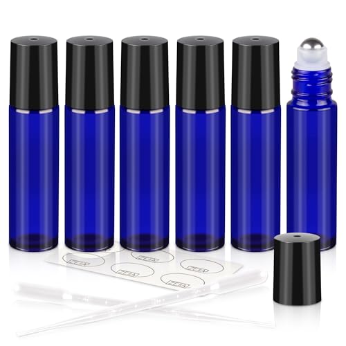 ZEJIA 10ml roller bottles for essential oils, 6 Pack Roll on Bottles, Cobalt Blue Thick Glass Roller Bottles for Oils, with Stainless Steel Roller Balls, 2 Droppers