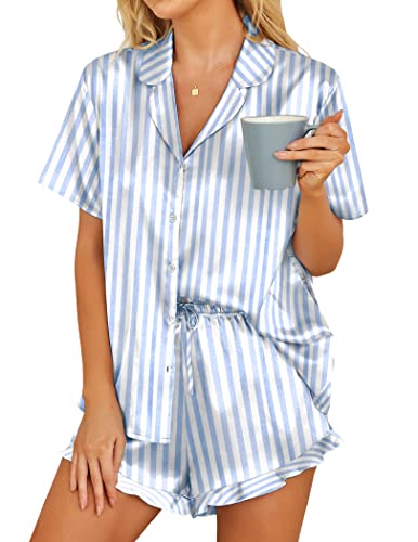 HOTOUCH Womens Button Pajamas Short Sleeve Sleepwear Silky Satin 2 Piece Pj Sets Nightwear Blue Stripped, Medium