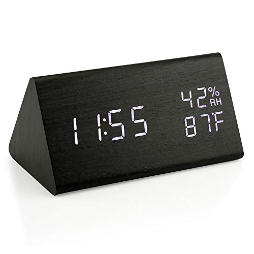 OCT17 Wooden Alarm Clock, Smart LED Digital Clock for Bedroom/desks, Upgraded with Time Temperature, Adjustable Brightness and Voice Control, Humidity Displaying - Black