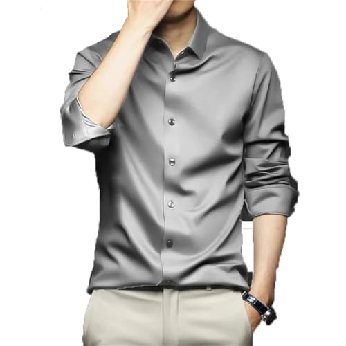 Pohullan Lapel Ice Silk Dress Shirts Mens Slim Fashion Shirts Formal Long Sleeve Solid Casual Shirt C2128-6 5XL