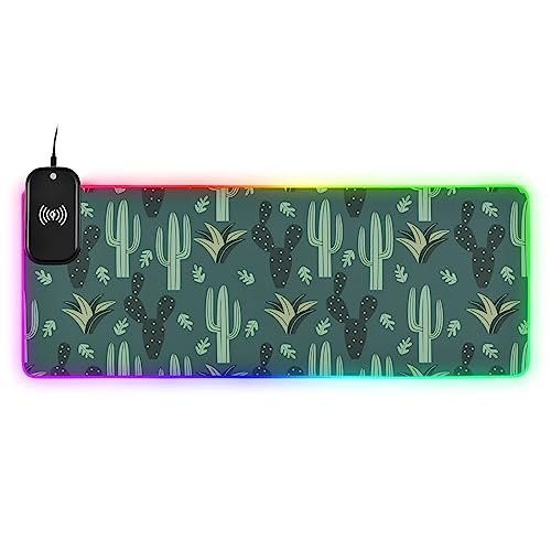 Trendy Cactus Floral Wireless Charging Mouse Pad for Mobile Phone Extra Large Gaming Mousepad with 13 Lighting Modes Keyboard Mat for Gaming MacBook PC Laptop Desk Home Office