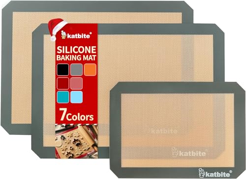 Silicone Baking Mat, Katbite Large Baking Mat Set of 3-2 Half Sheets Mats (11 5/8' x 16 1/2') + 1 Quarter Baking Sheets, Reusable & Nonstick Bakeware Mats for Cookies, Macarons, Bread and Pastry