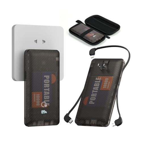 10000mAh Portable Charger with AC Wall Plug,Q Slim USB C fast charging Power Bank,Type C External Battery Pack with Built-in Three Cables Compatible with Different Mobilephone, Tablet Smart Devices …