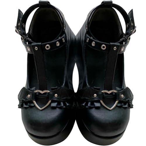 AOSPHIRAYLIAN Black Mary Jane Shoes Round Toe Buckle Ankle T-Strap Goth Platform Pumps Oxford Shoes for Women Size 8