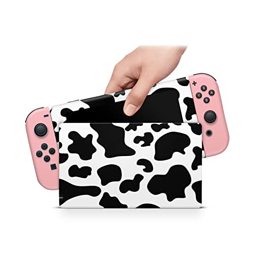 ZOOMHITSKINS Compatible with Nintendo Switch Skin Cover Cute Pink Cow Skins Aqua Color Pastel Animals Farmer Pattern Black Pets 3M Vinyl Decal Sticker Wrap, Made in The USA