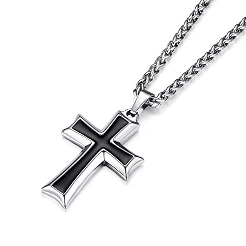 HZMAN Mens Stainless Steel Cross Pendant Necklace with Wheat Chain (Silver)