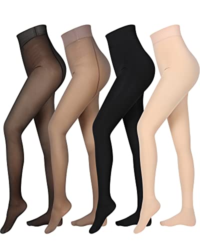 4 Pairs Fleece Lined Tights Women Fleece Translucent Leggings Winter Thermal Sheer Tights Warm Fake Pantyhose for Women Girl (Black, Brown, Nude,300 g)