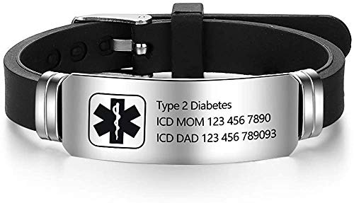 Fortheday Personalized Medical Alert Bracelets for Men Women Adjustable Silicone Emergency ID Bracelets Custom Waterproof Life Alert ID Bracelets for Boys Girls (Black)
