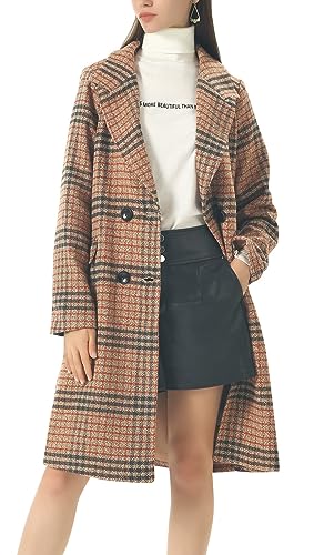 chouyatou Women's Classic Notched Collar Double Breasted Plaid Wool Blend Long Trench Coat (Plaid-Brown, Medium)