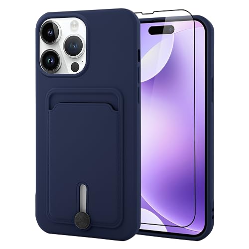 MZELQ TPU Wallet Compatible with iPhone 15 Pro Max Case 2023, Card Holder Camera Protection Cover + Screen Protector, Push-able Card Slot Silicone Soft Case Girls Women -Blue