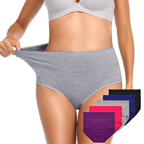 OUENZ Womens Underwear High Waisted Tummy Control Panties Cotton Briefs Ladies Underpants Multipack L