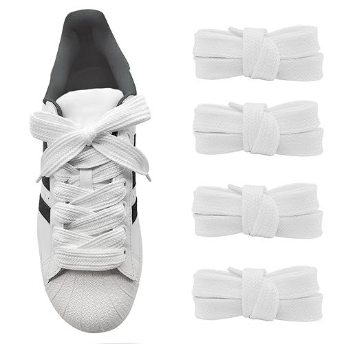 UamGlsob 2 Pairs 3/4''(2cm) Fat Flat Shoe Laces, 39''-63'' Length Flat Thick Wide Shoelaces, Jumbo Shoe Strings Replacement Laces for Adidas Superstars Skate Shoes (White, 54''/140cm)