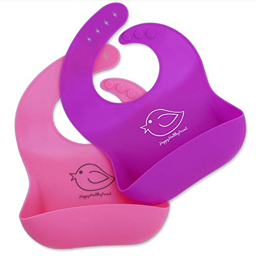 Happy Healthy Parent Silicone Baby Bibs Easily Wipe Clean - Comfortable Soft Waterproof Bib Keeps Stains Off, Set of 2 Colors (Pink/Purple)