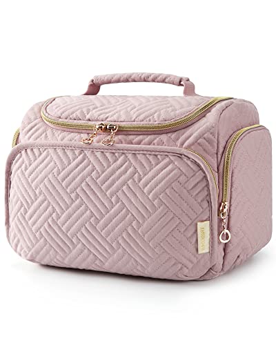 BAGSMART Travel Toiletry Bag, Large Wide-open Travel Bag for Toiletries, Makeup Cosmetic Travel Bag with Handle, Pink-M