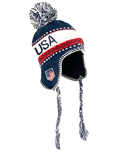 USA Winter Hat, Knit Beanie Snow Winter Hat Ski Cap with Pom, USA Peruvian Hat with Ear Flaps and Fleece Lining