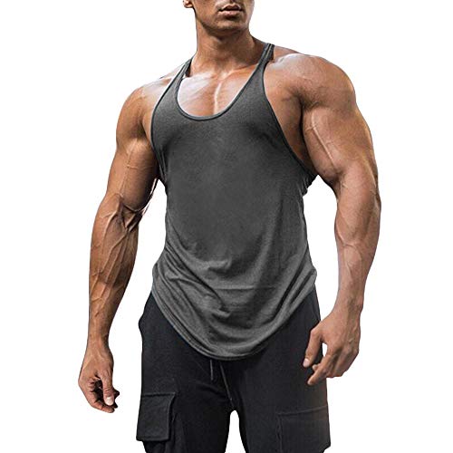 Men's Cotton Workout Tank Tops Dry Fit Gym Bodybuilding Training Fitness Sleeveless Muscle T Shirts (Grey,Large)