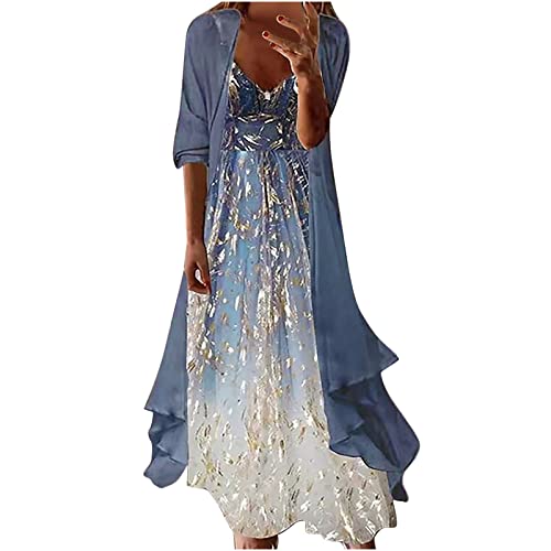 Boho Maxi Dress for Women, Beach Long Dress with Chiffon Kimono Cardigan, 2 Piece V Neck Cami Dress Outfits Blue