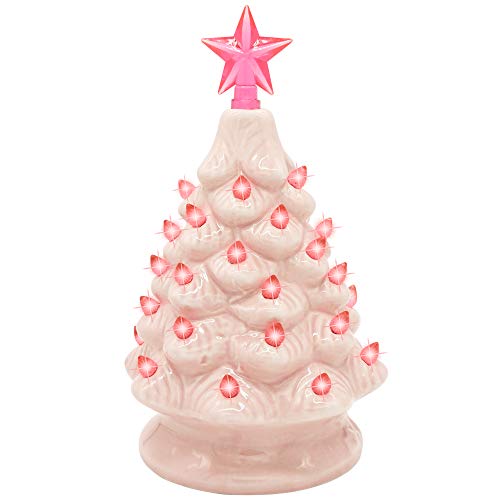 7' Pink Ceramic Christmas Tree, Prelit Tabletop Christmas Tree with Extra Clear Top Star & Bulbs for Best Desk Decoration