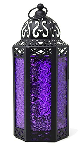 VELA LANTERNS Purple Gothic Moroccan Candle Lantern Decorative Candle Holder Lamp for Table or Hanging, Ramadan Decorations, Indoor Gothic Home Room, Halloween Decor, Outdoor Patio or Porch, Medium