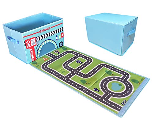 EMBRACE PLAY Toy storage box with car rug play mat - Toy box for boys and girls - 2 in 1 collapsible toy car storage- toyboxes for children - toy boxes for kids (BLUE)