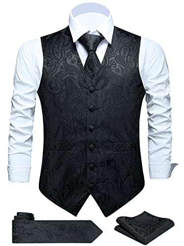 FAIMO Men's Suit Vests, Mens Vests Dress Waistcoat for Suit or Tuxedo, Business Formal Paisley Floral Black Vest for Men +Tie Pocket Square Set