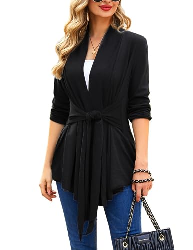 ACEVOG Women's Classic Long Sleeve Asymmetric Open Front Lightweight Soft Drape Cardigan, Black, Large