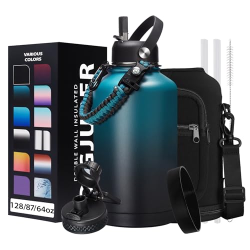 Half-gallon Insulated Water-Bottle with Straw - Stainless Steel Thermo Jug with Spout Straws Lids, Paracord Handle & Bottle Sleeve, 64OZ Vacuum Thermo Bottle for Outdoor Working Camping Trip