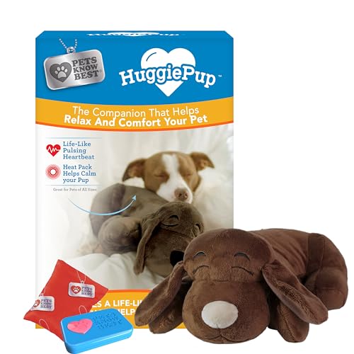 Pets Know Best presents HuggiePup - Cuddly Puppy Behavioral Aid Toy, Great for Crate Training- Pulsing Heartbeat, Heating Pack- Chocolate Dog