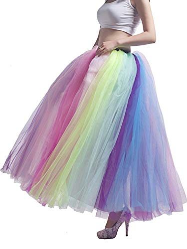 Women's Elastic Waist Ballet Layered Floor Length Tutu Tulle Prom Party Skirt Rainbow