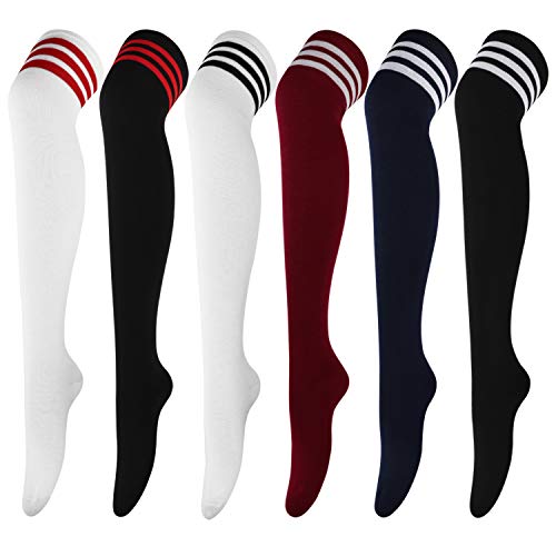 DRESHOW 6 Pairs Thigh High Socks Striped Over Knee Thin Tights Long Stocking for Women Leg Warmer