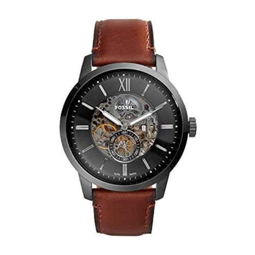 Fossil Men's Townsman Automatic Stainless Steel and Leather Three-Hand Skeleton Watch, Color: Smoke, Amber (Model: ME3181)