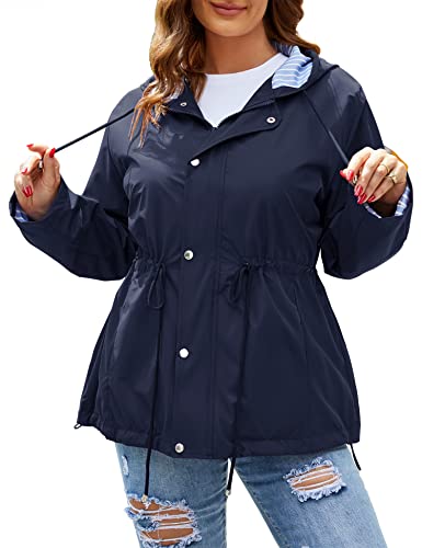 Avoogue Womens Raincoats Plus Size Lightweight Hooded Windbreaker Jacket Waterproof Rain Gear Navy Blue XX-Large