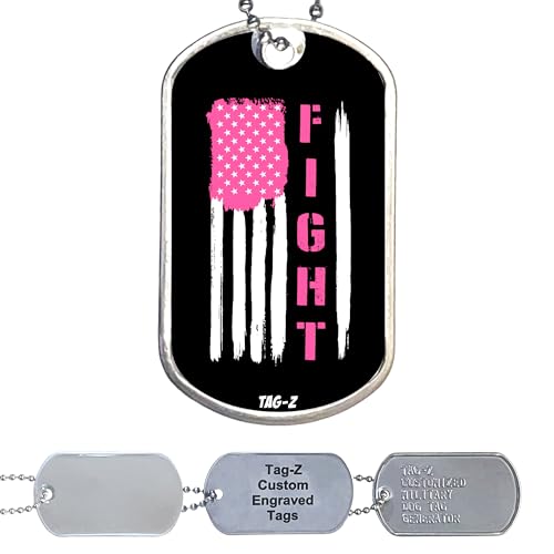Breast Cancer Fight Flag Military Dog Tag Necklace - Customized Tag with a Stainless Steel Ball Chain