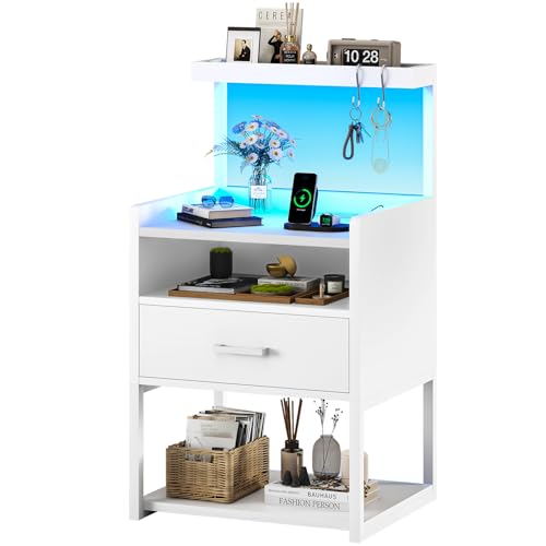 AOGLLATI Nightstand with Charging Station, Nightstand with Drawer and USB Ports, LED Night Stand for Bedroom, Bedside Table with Shelf, End Side Table Easy Assembly Edge Protection