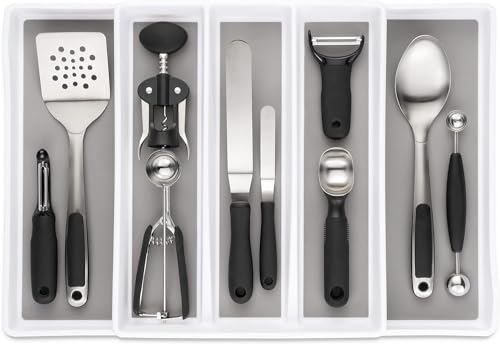 Expandable Utensil Tray Drawer Organizer, 5 Compartment Adjustable Serving Utensils Holder, Multi-Purpose Storage for Kitchen, Office, Bathroom Supplies