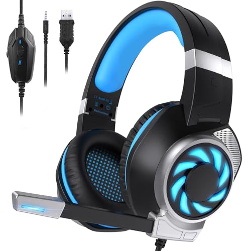 Headsets for Xbox One, PS4, PC, Nintendo Switch, Mac, Gaming Headset with Stereo Surround Sound, Over Ear Gaming Headphones with Noise Canceling Mic, LED Light (Headsets Blue)