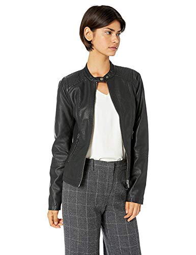 Sebby Collection Women's Faux Leather Jacket with Moto Details and Front Zip Pockets, Black, Medium