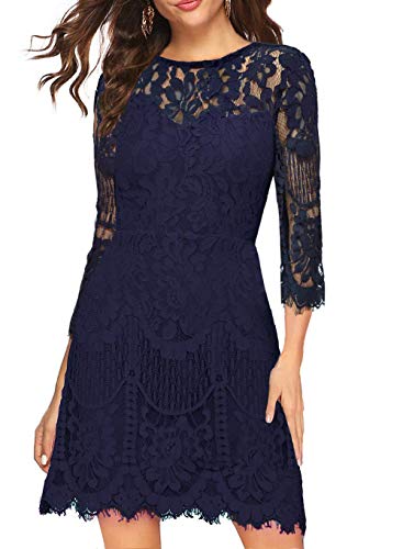MSLG Wedding Guest Dresses for Women Elegant Fall Round Neck Half Sleeves V-Back Floral Lace Cocktail Dress 910 Navy Half XXL
