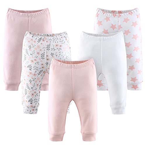 The Peanutshell Baby Girl Pants Set | 5 Pack in Newborn to 24 Month Sizes | Floral, Pink, White, Stars (as1, Age, 0_Month)