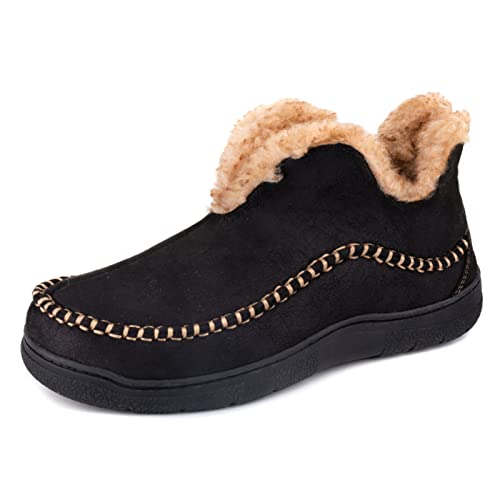 Wishcotton Men's Moccasin Bootie Slippers With Cozy Memory Foam, Winter Warm Fuzzy Indoor Outdoor House Shoes Black,11 M US