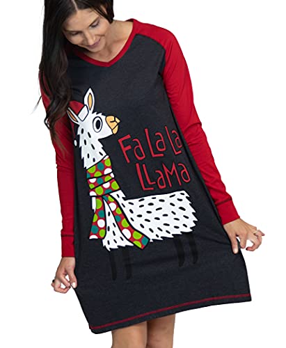 Lazy One V-Neck Nightshirts for Women, Animal Designs, Llama, Holiday, Christmas (FaLallama, L/XL)