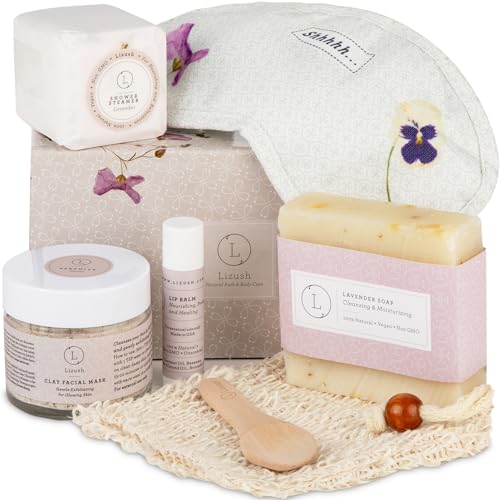 Lizush Bath Gift Set - Pampering Box with Spa Items - Handmade Relaxation Gifts for Women - Complete Luxury Spa Day Kit for Women - 6 Piece Set - Lavender