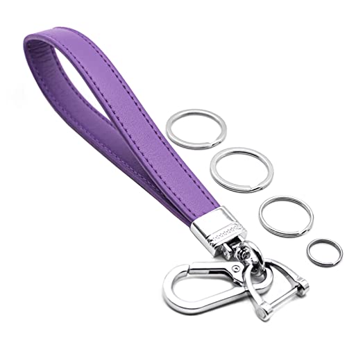 INFIPAR Car Fob Key Chain Genuine Leather Wristlet Strap Keychains Holder for Men and Women, 360 Degree Rotatable, with Anti-Lost D-Ring, Carabiner Clip and 4pcs Key Rings, Purple