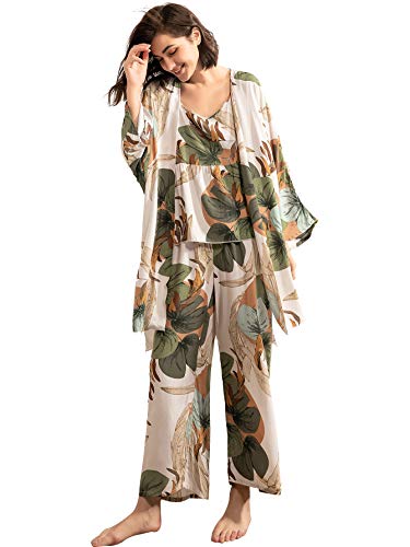 WDIRARA Women's 3 pcs Sleepwear Leaf Print Cami and Pants Pajama Set with Robe Multicolor L