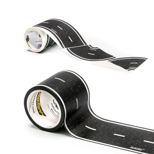 PlayTape Tape and Curves for Toy Cars - 1 Roll of 30 ft. x 2 in. Black Road + 1 Roll of 36 Curves