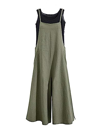Lncropo Womens Casual Overalls Baggy Wide Leg Jumpsuits Linen Bib Pants,Green,3XL