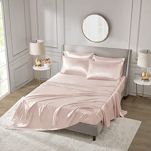 Madison Park Essentials Satin Sheets Queen Size, Luxurious Silky Satin Bed Sheets, Elastic 14' Pocket fits up to 16' Mattress, Wrinkle-Free, Soft Satin Bed Sheet Set, Blush 6 Piece