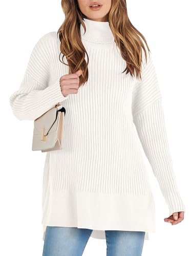 ANRABESS Sweater for Women Oversized Turtleneck Pullover 2023 Fall Casual Loose Fit Ribbed Knit Pullover Sweater Winter Tunic Fashion Outfits Trendy Clothing 1271mibai-L White