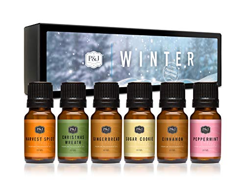 P&J Fragrance Oil Winter Set | Cinnamon, Gingerbread, Sugar Cookies, Harvest Spice, Peppermint, and Christmas Wreath Candle Scents for Candle Making, Freshie Scents, Soap Making Supplies