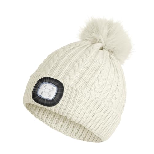 LED Beanie Hat with Light, Kids Light Up Winter Beanie Hat with Hand Free Headlamp, Warm Lined Cable Knit White Beanie with Pom for Girls-White